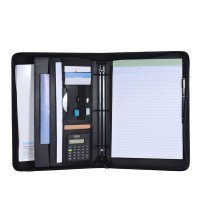 Multifunctional Professional Business Portfolio Padfolio Folder Document Case Organizer A4 PU Leather Zippered Closure Loose-leaf Loop with Calculator Business Card Holder Memo Note Pad